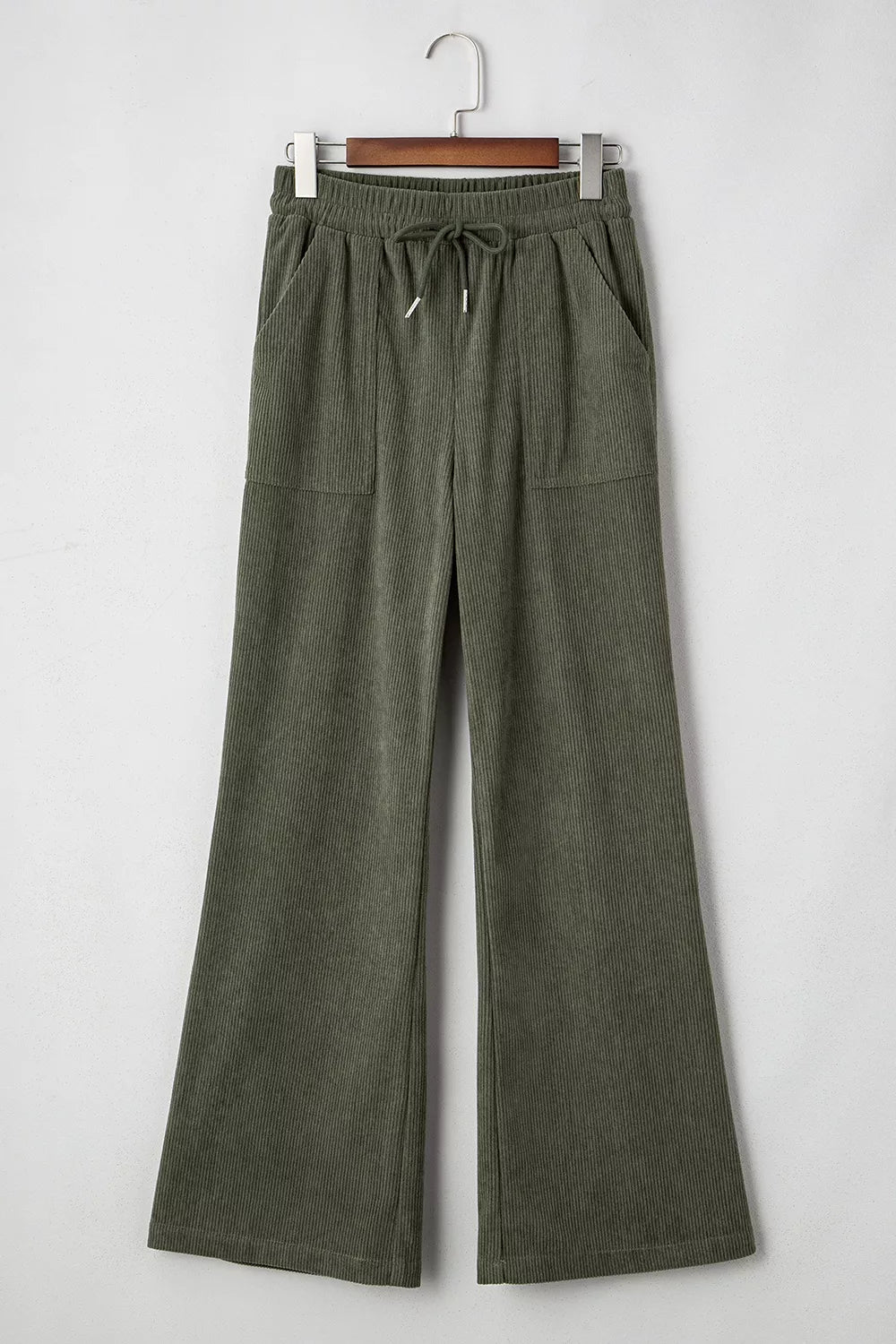 Drawstring corduroy wide leg pants with patch pockets