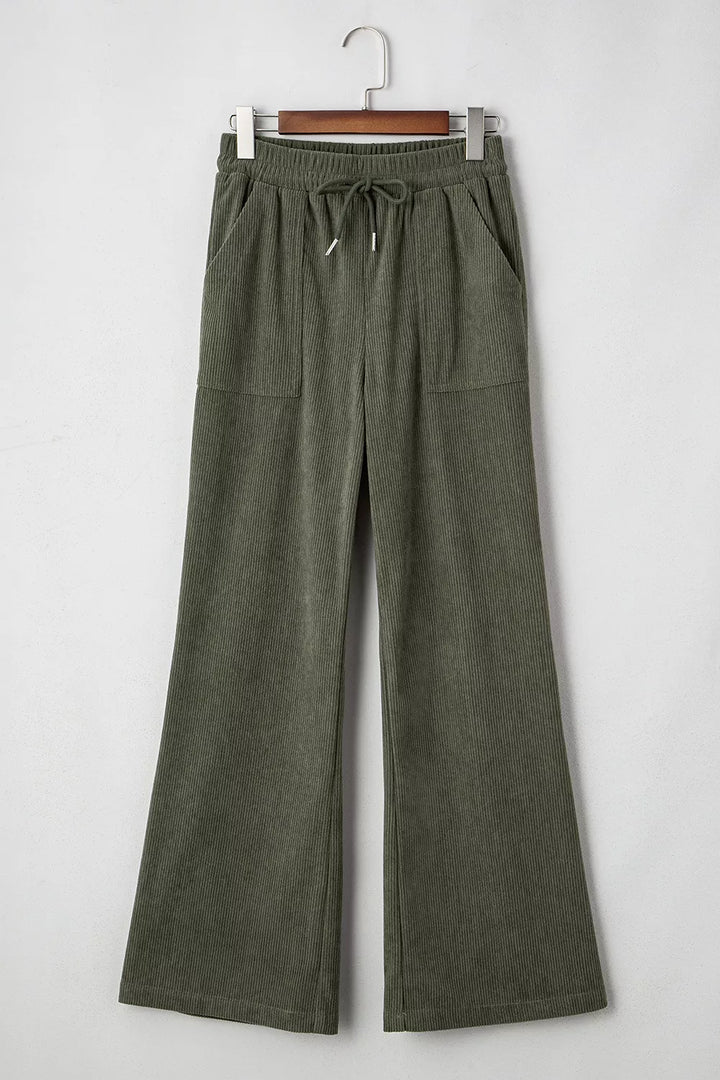 Drawstring corduroy wide leg pants with patch pockets