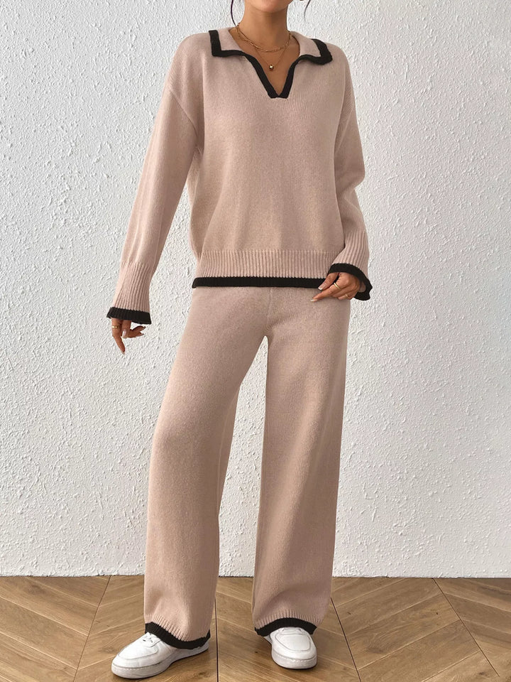 Contrast trim polo collar sweater and wide leg pants set
