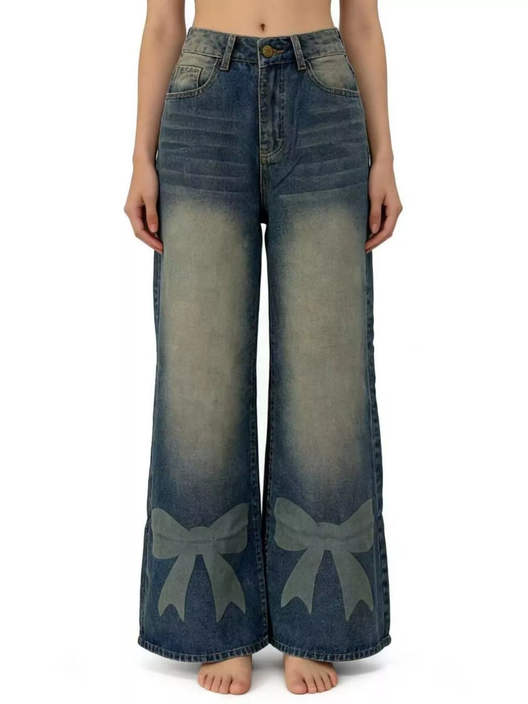 Bow-detail wide leg jeans with faded whiskering