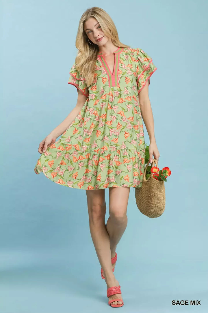Floral tiered mini dress with flutter sleeves and split V-neck
