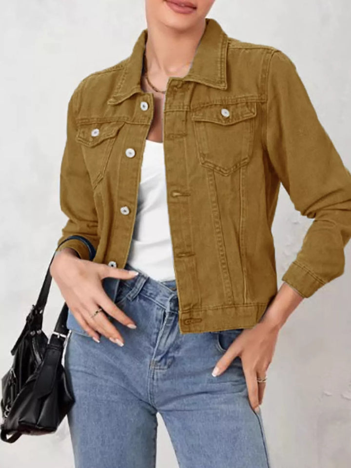 Camel Cropped button-up denim trucker jacket with chest pockets