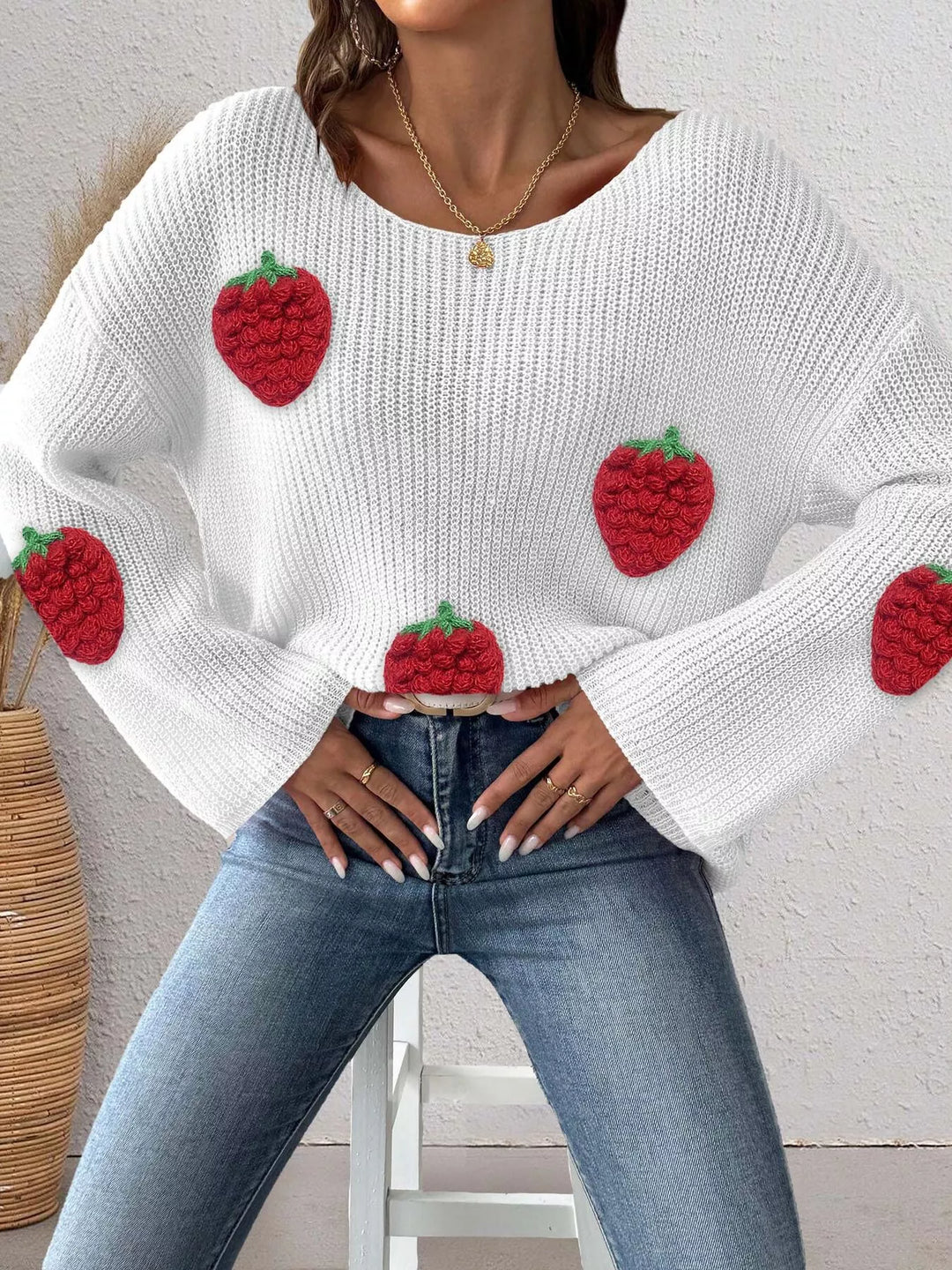 Strawberry applique ribbed knit oversized pullover sweater