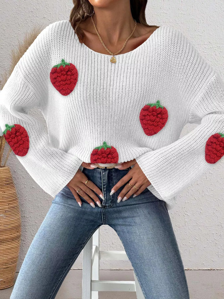 Strawberry applique ribbed knit oversized pullover sweater