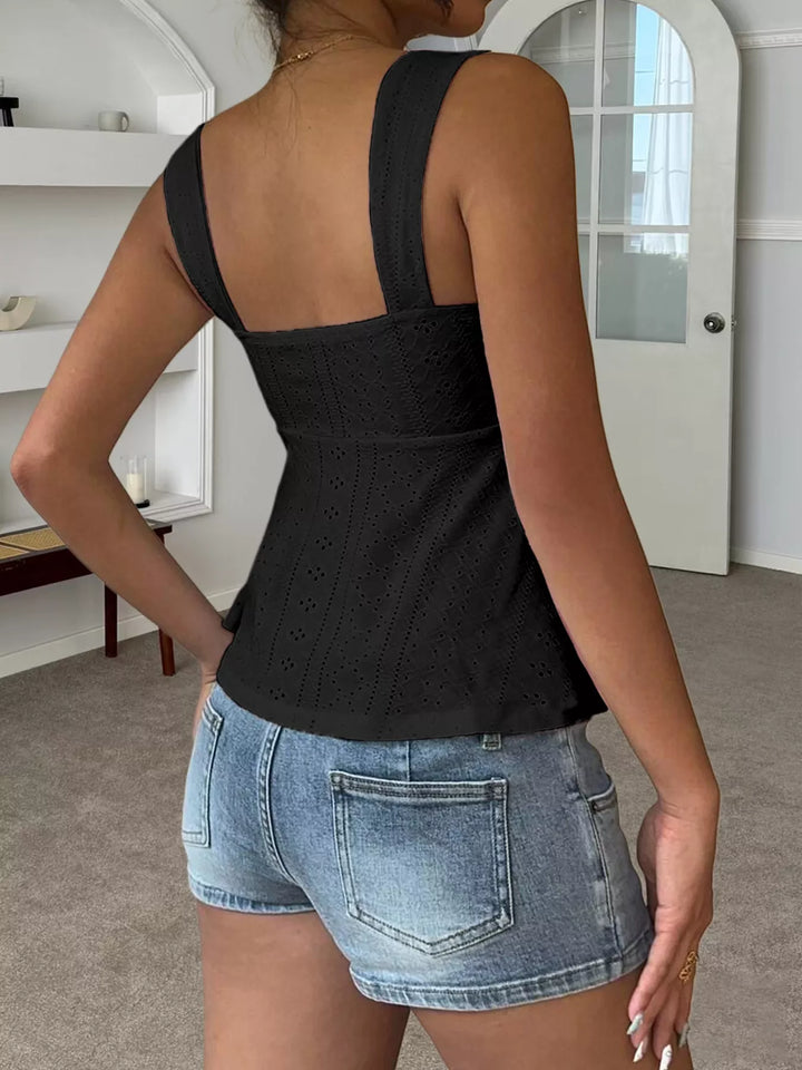 Eyelet cami with drawstring tie-front and sweetheart neckline