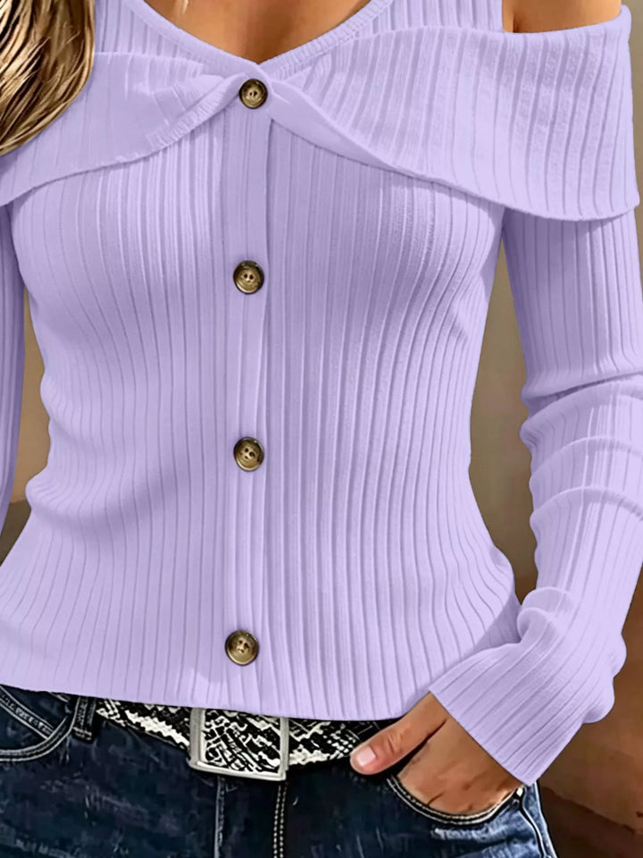 Cold shoulder ribbed knit top with foldover collar and buttons