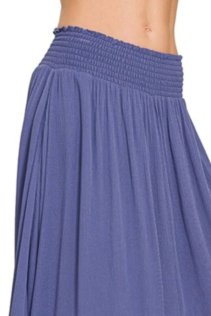 Crinkle rayon smocked waist high-low maxi skirt with pockets