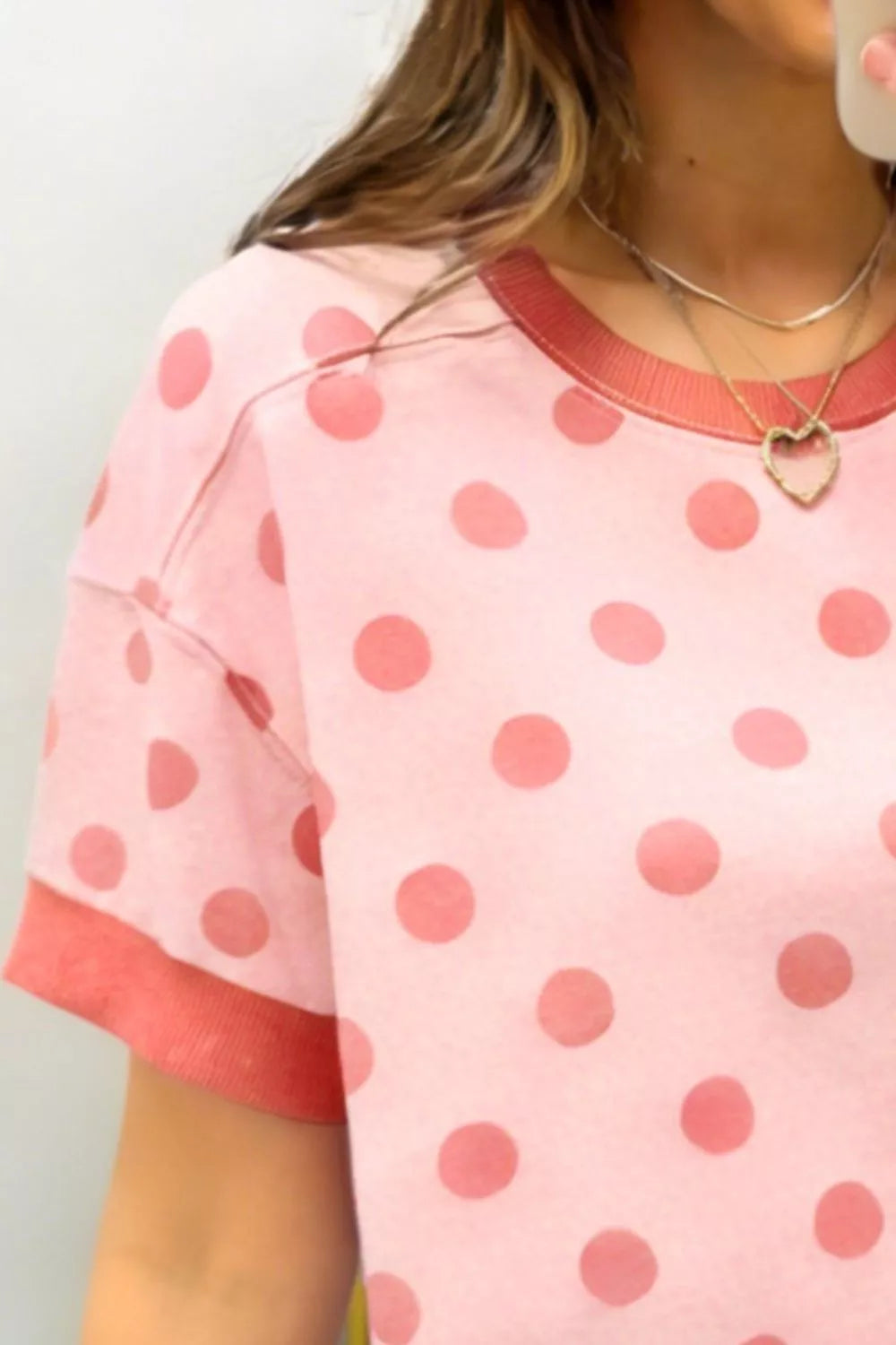 Polka dot short sleeve tee with contrast ribbed trim