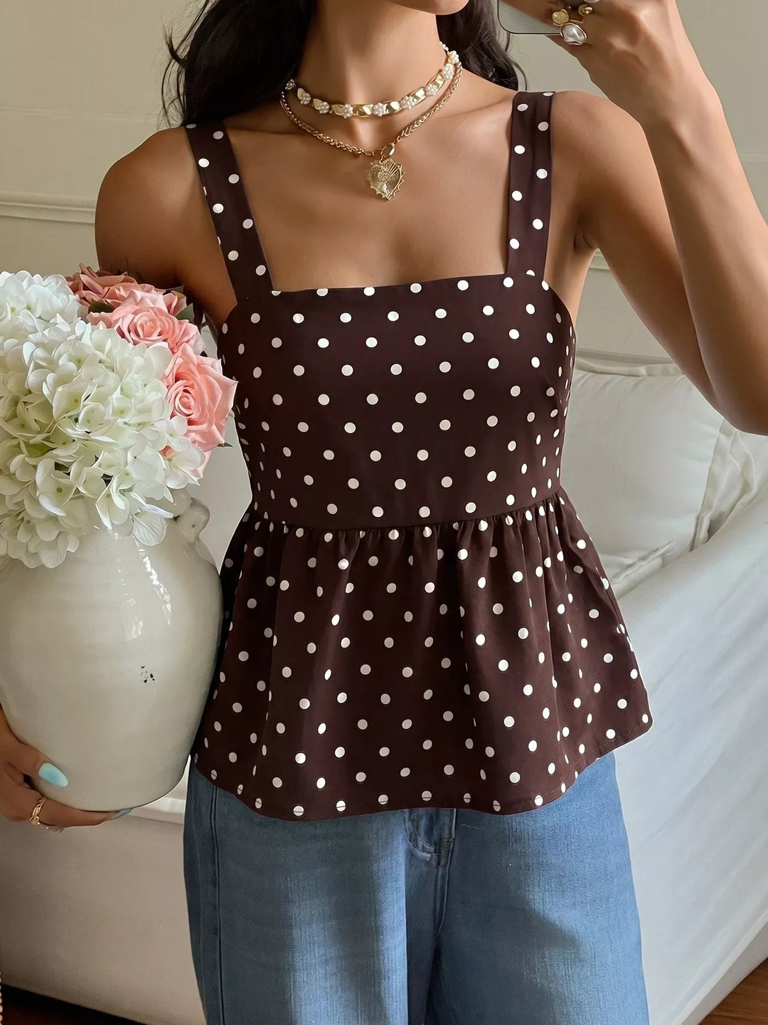 Polka dot square neck peplum cami with tie back