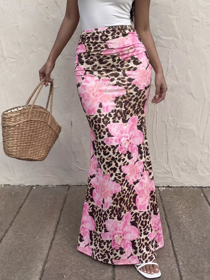 Blush Pink Leopard floral print ruched bodycon maxi skirt