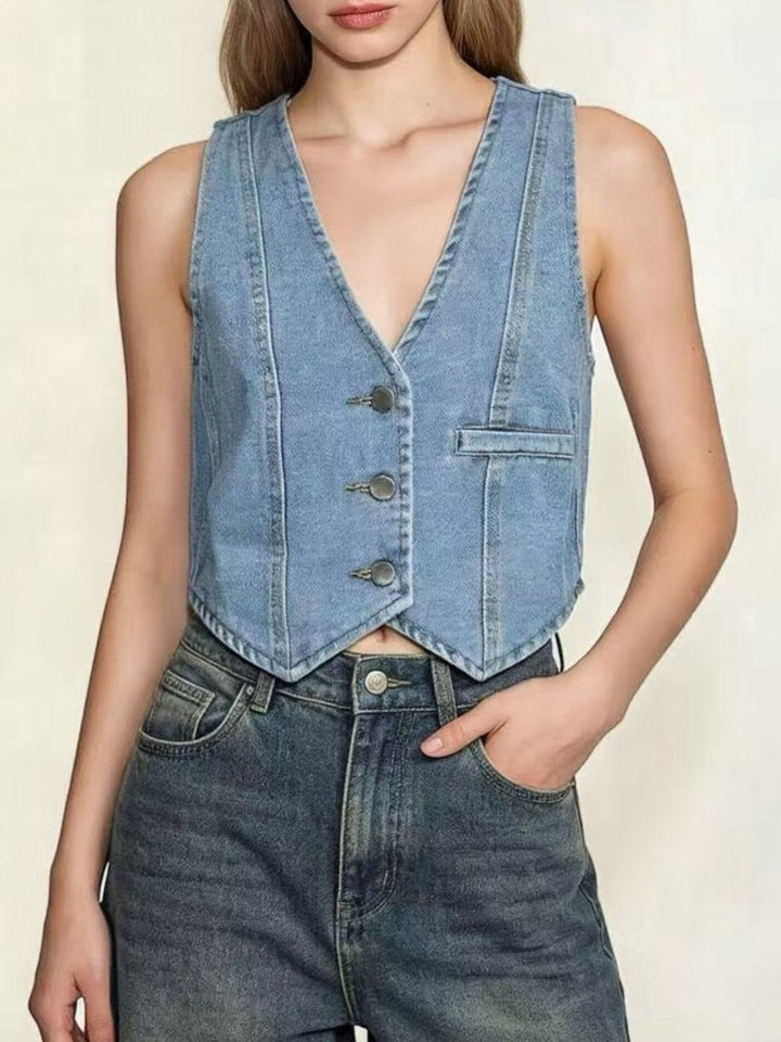 Cropped denim button-down vest with V-neckline