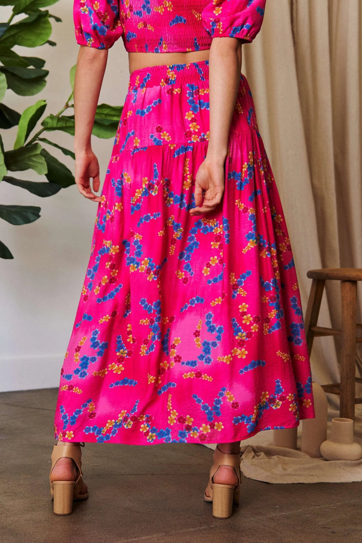 Floral smocked waistband ruffled maxi skirt with pockets