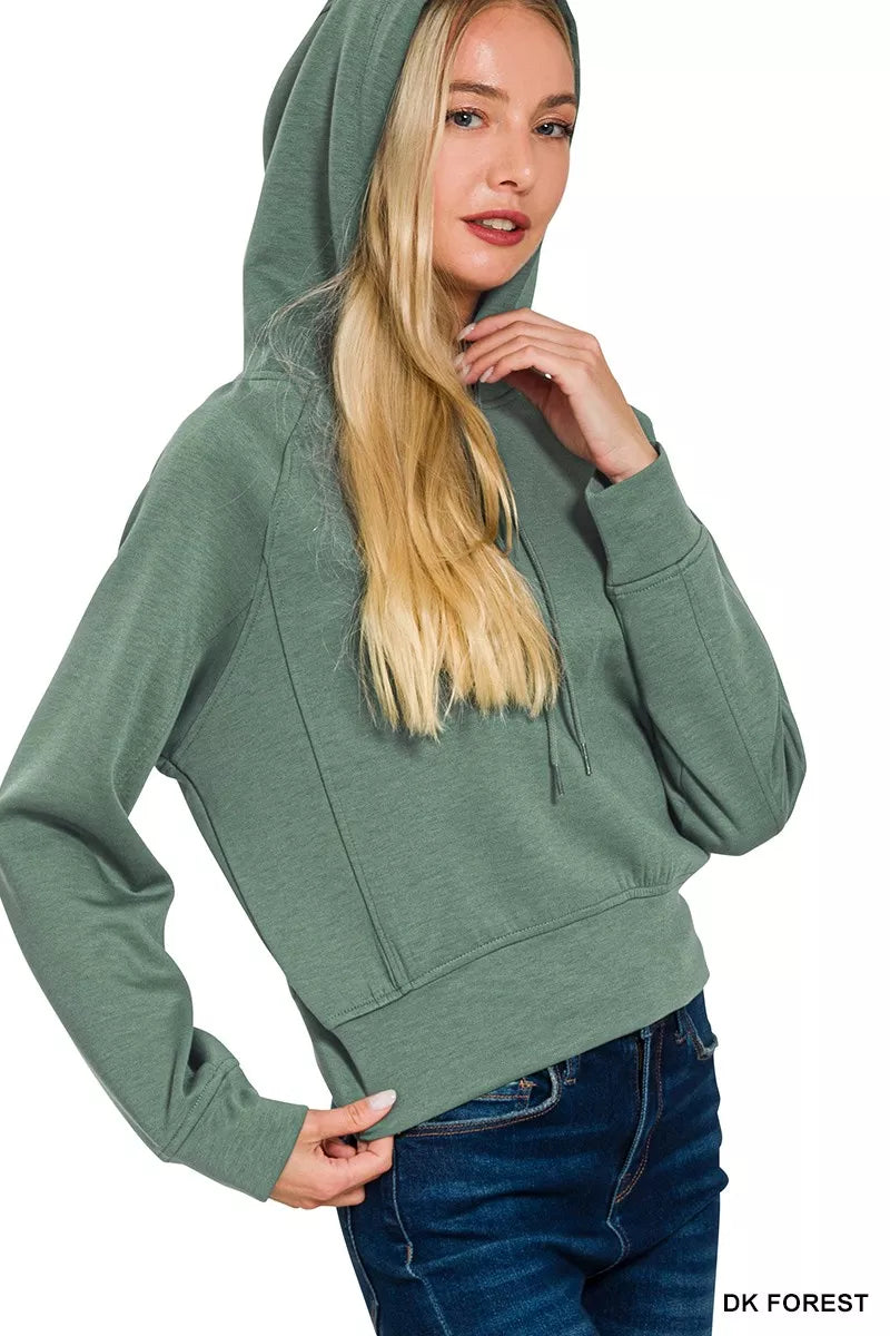 Cropped scuba drawstring hoodie with banded hem