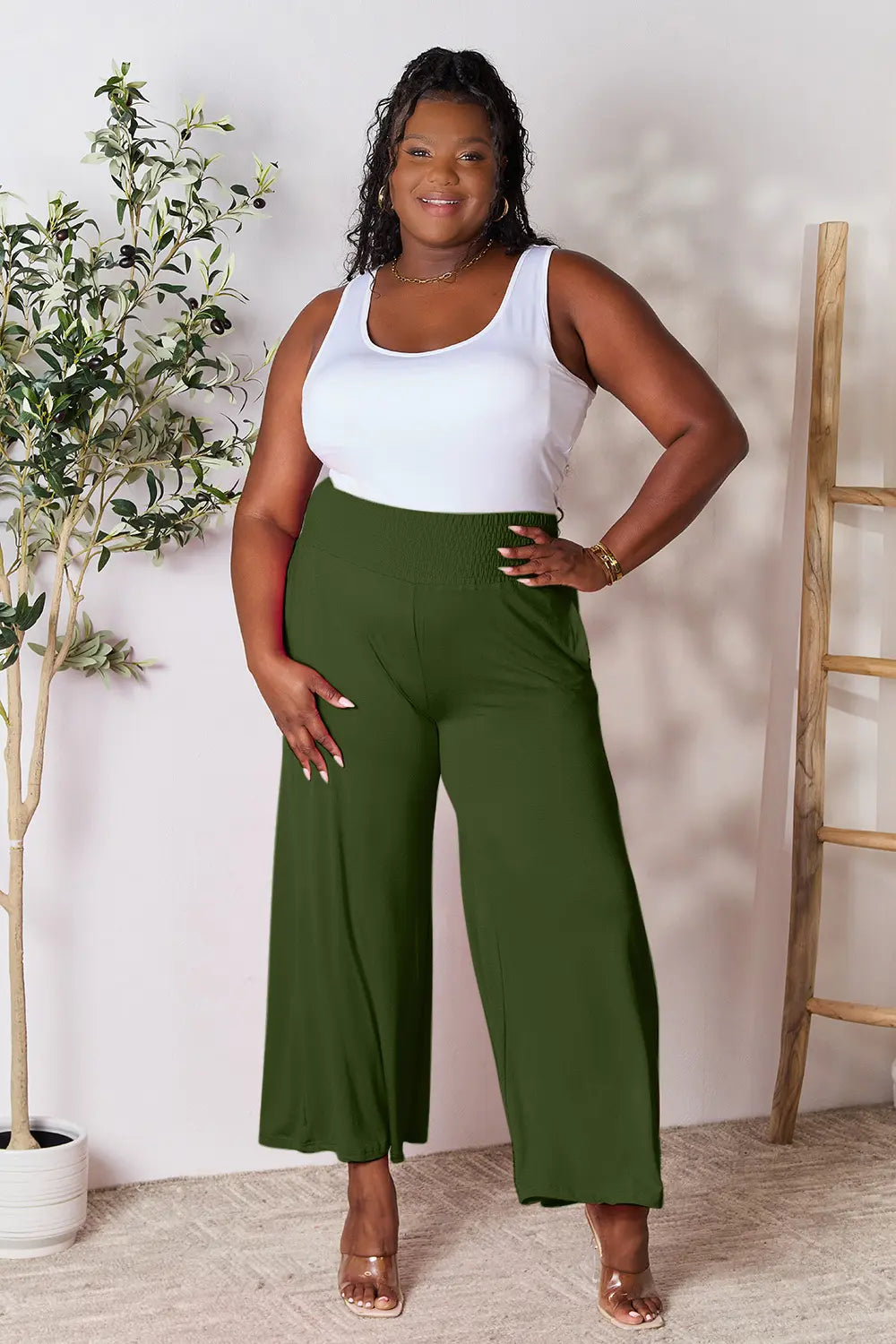 Smocked wide-waistband wide-leg jersey pants with pockets