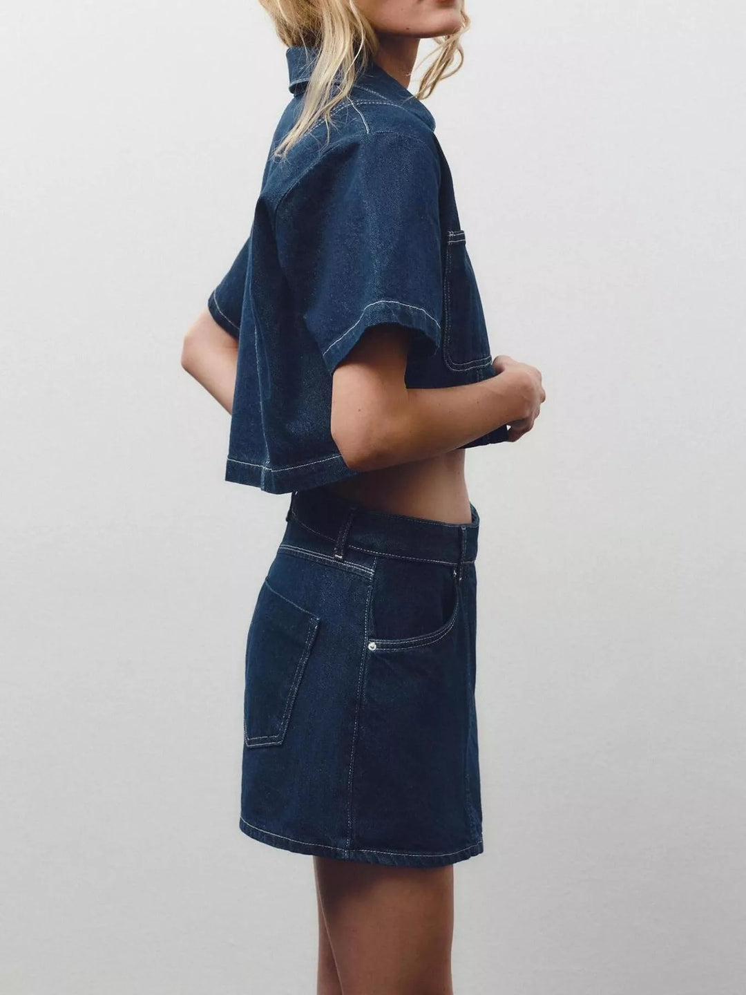 Contrast-stitch denim button-up crop shirt and skort set
