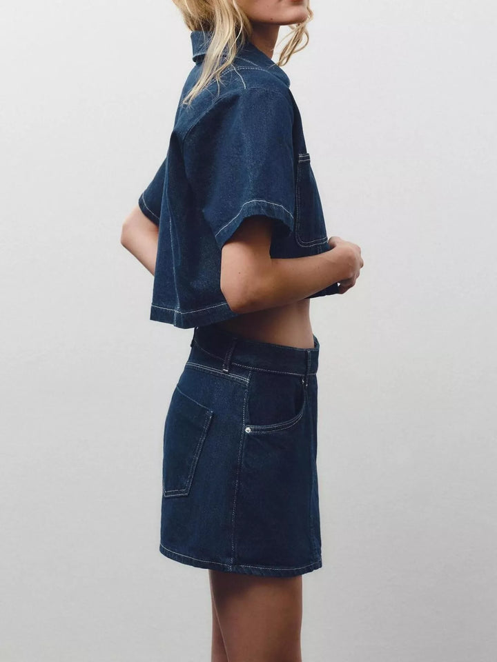Contrast-stitch denim button-up crop shirt and skort set