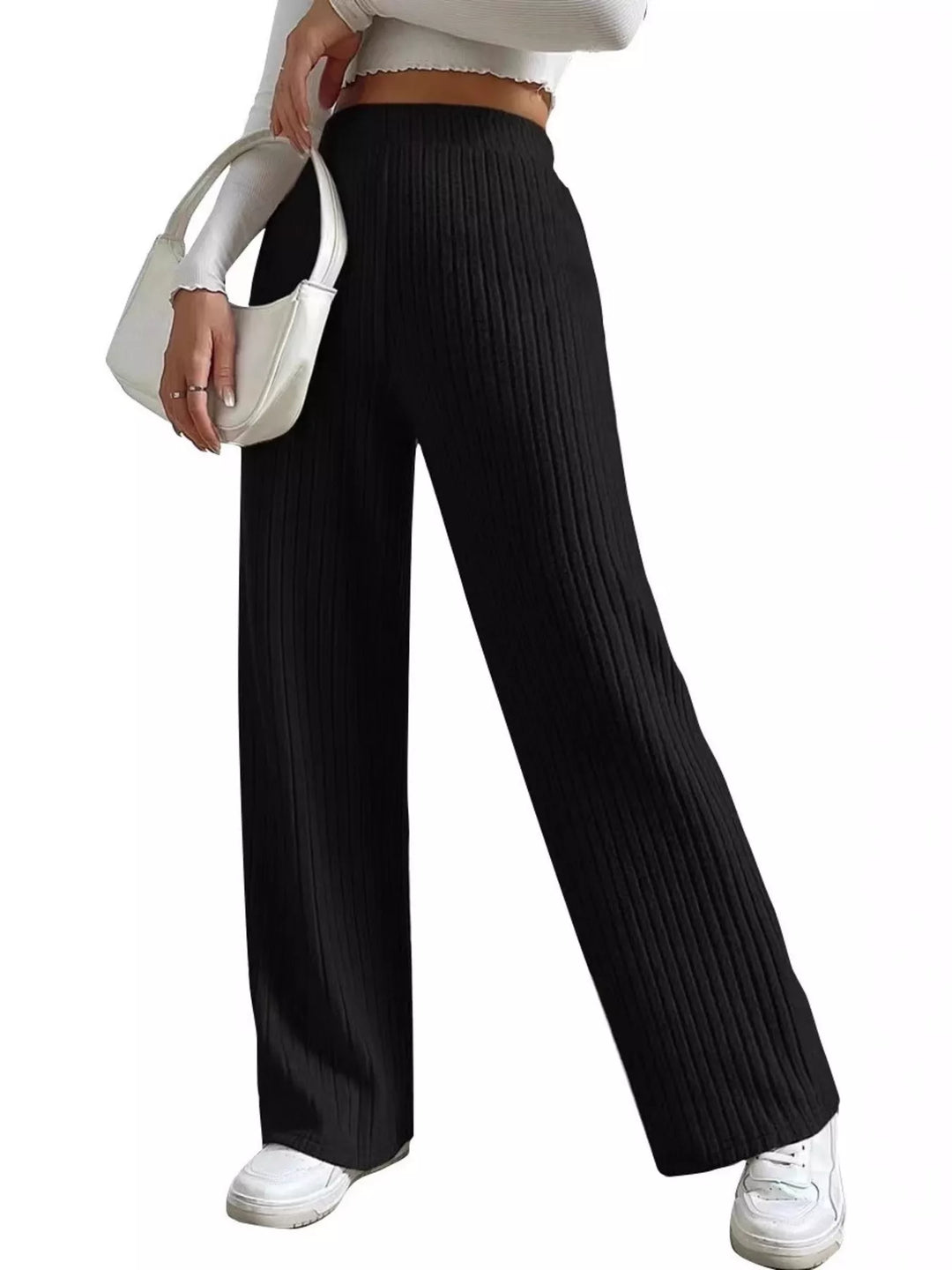 Black Ribbed knit wide-leg sweater pants with elastic high-rise waist