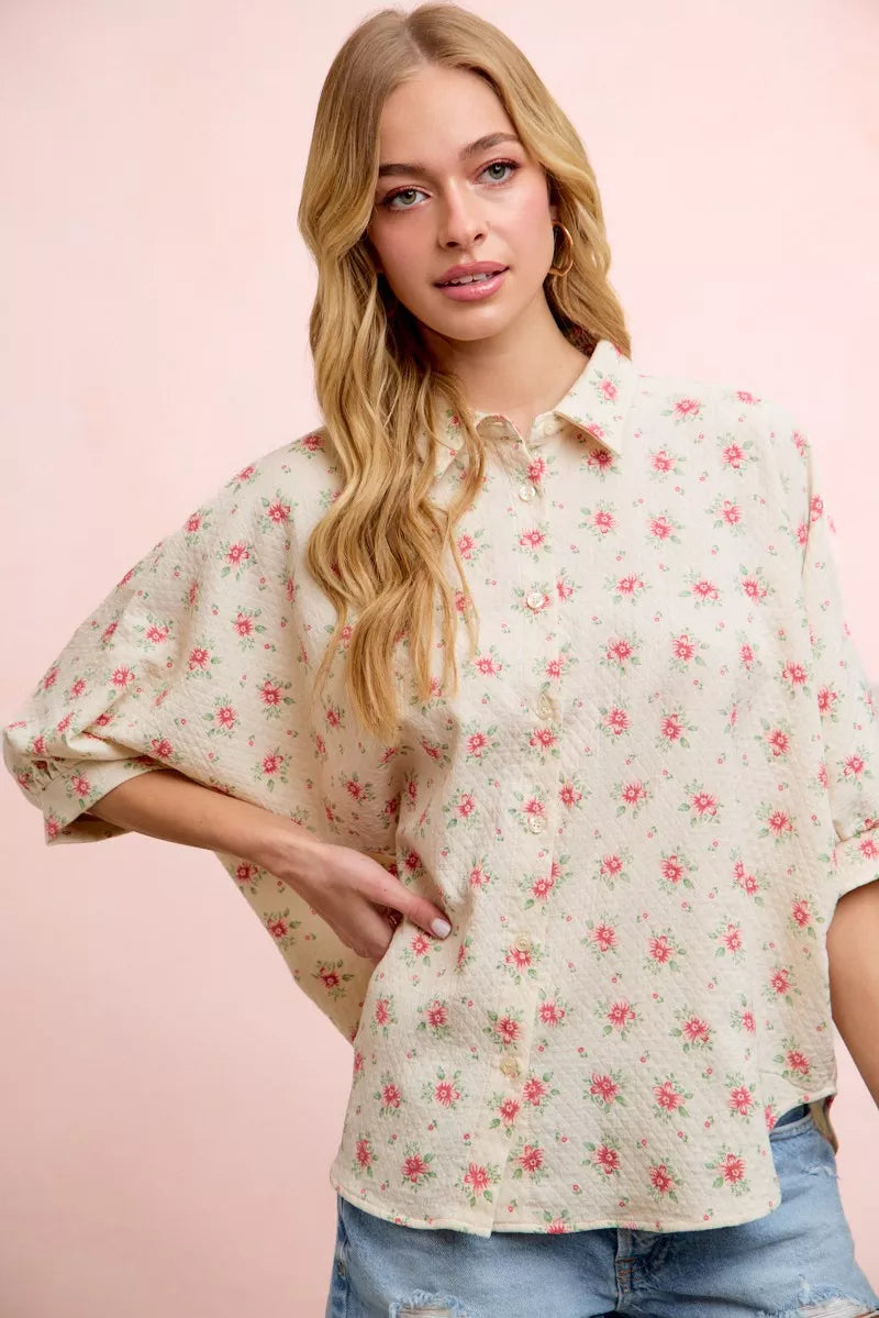 Ditsy floral short dolman blouse with button-front