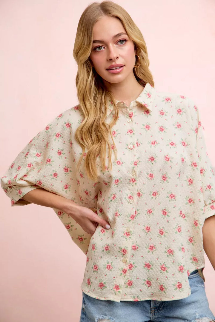Ditsy floral short dolman blouse with button-front
