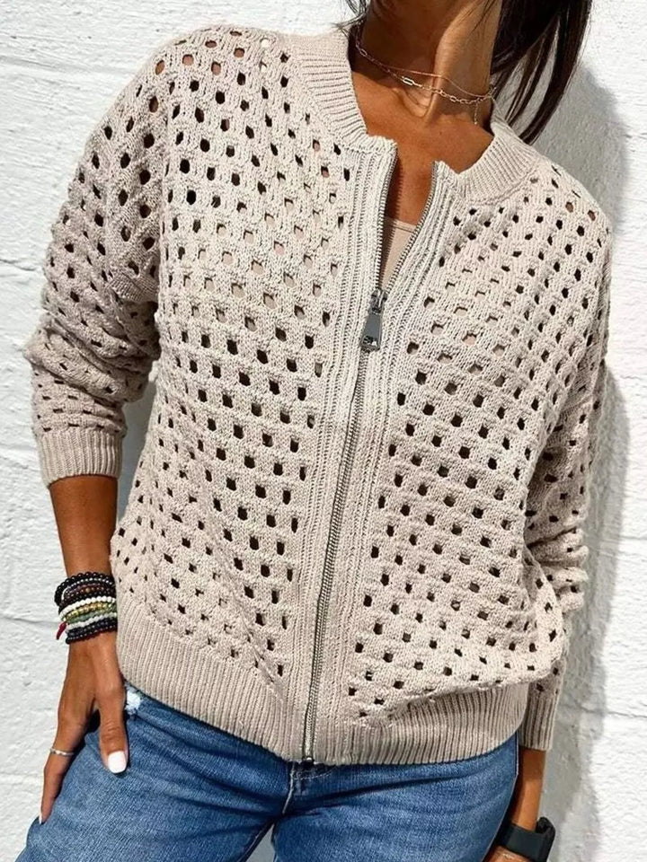 Apricot Open-knit zip-up bomber cardigan with ribbed trim