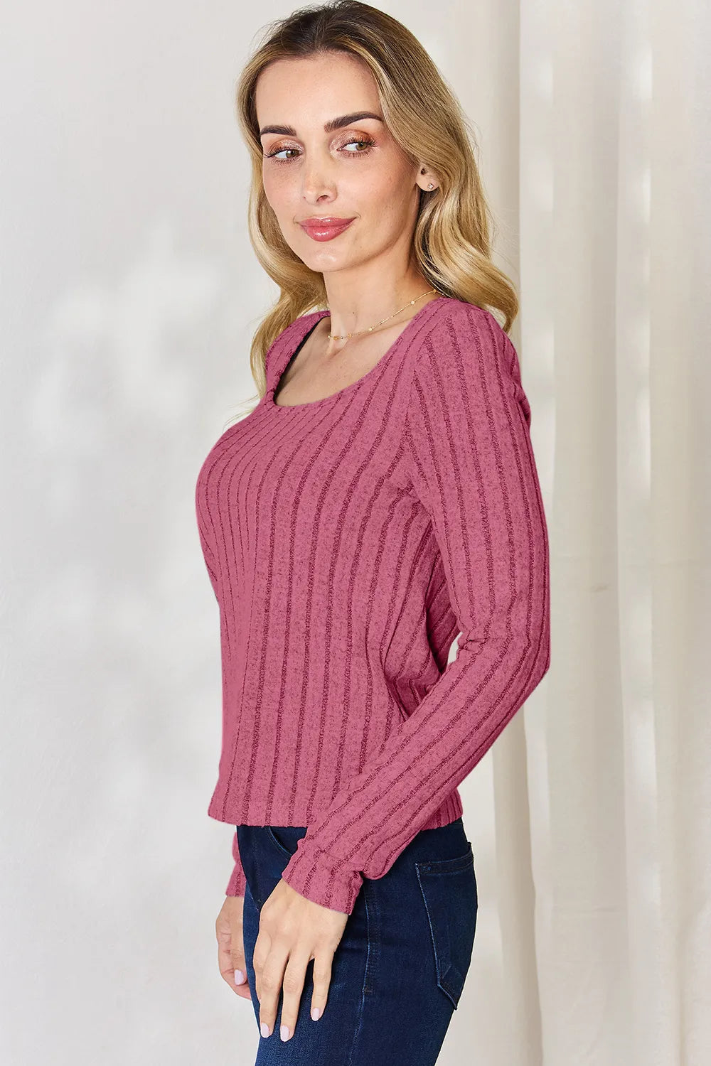 Ribbed scoop neck long sleeve fitted top