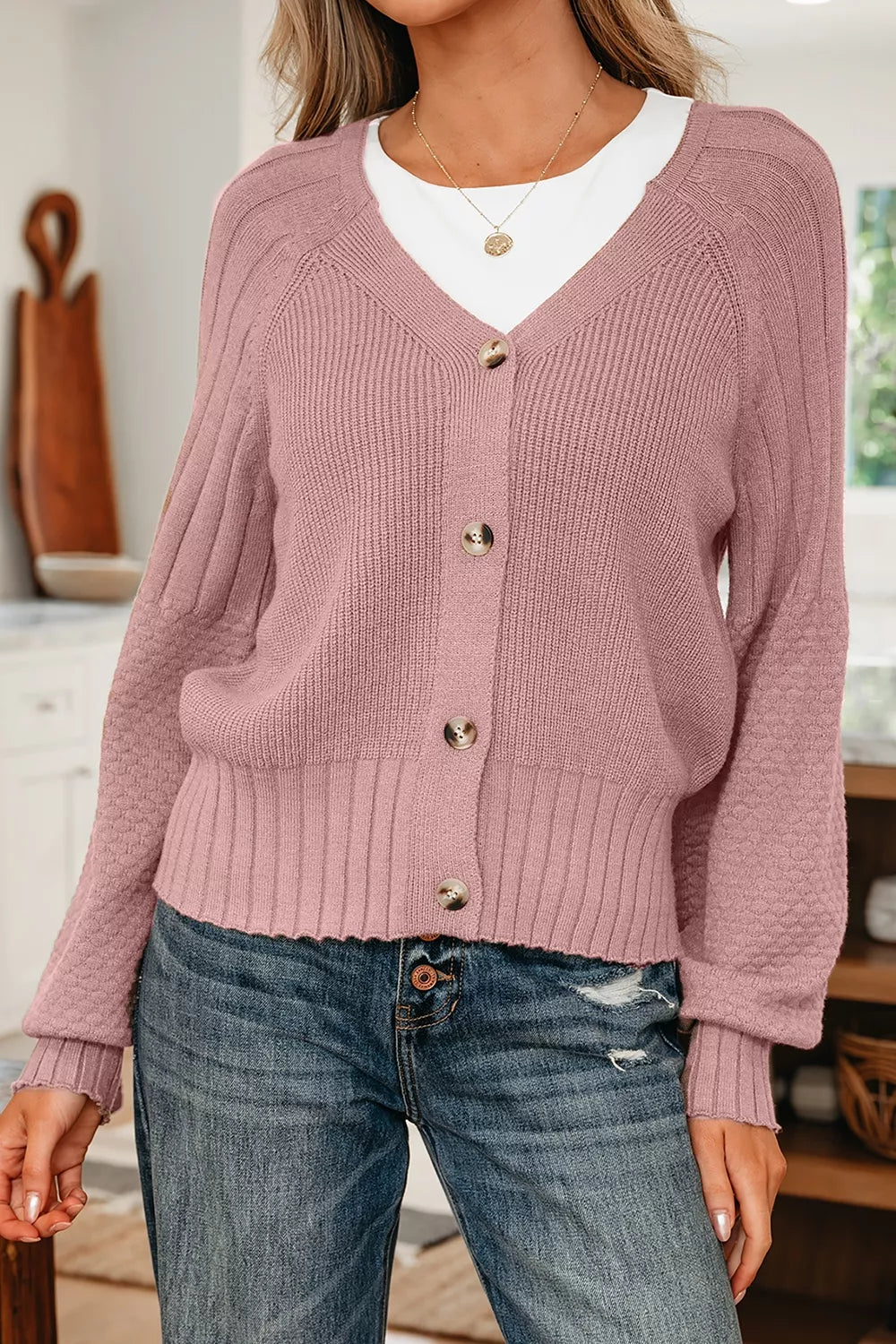 Textured knit button-front cardigan with drop shoulders