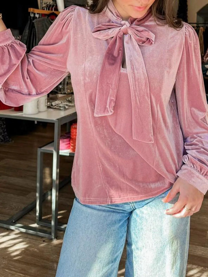 Velvet tie-neck blouse with balloon sleeves