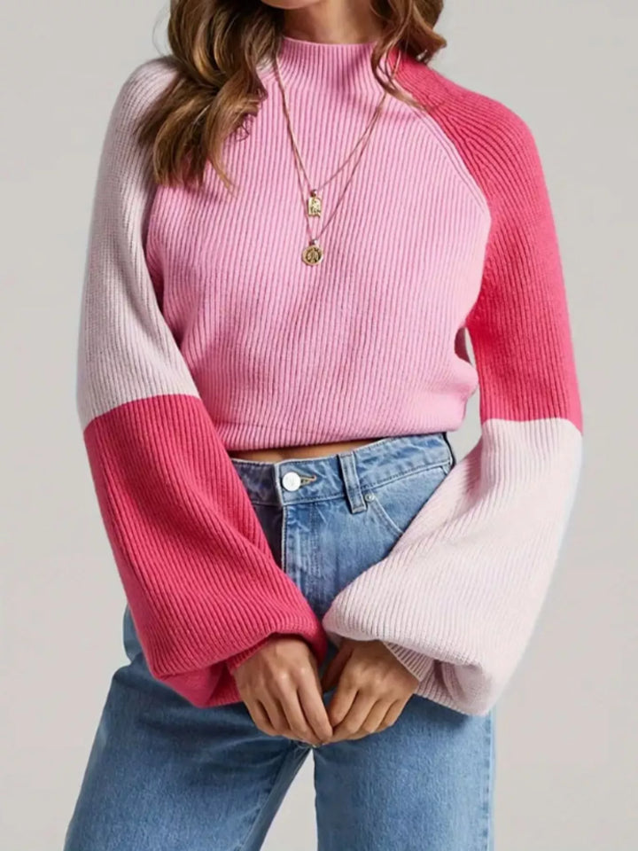 Blush Pink Color block ribbed knit mock neck sweater with balloon sleeves