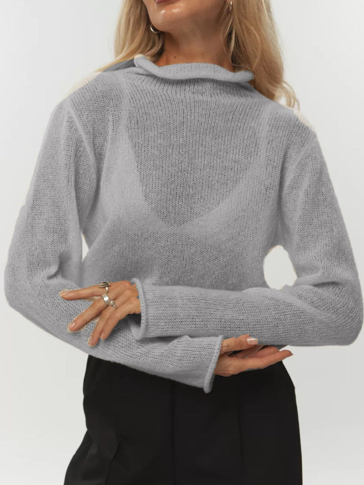 Light Gray Sheer open-knit mock neck sweater with long sleeves