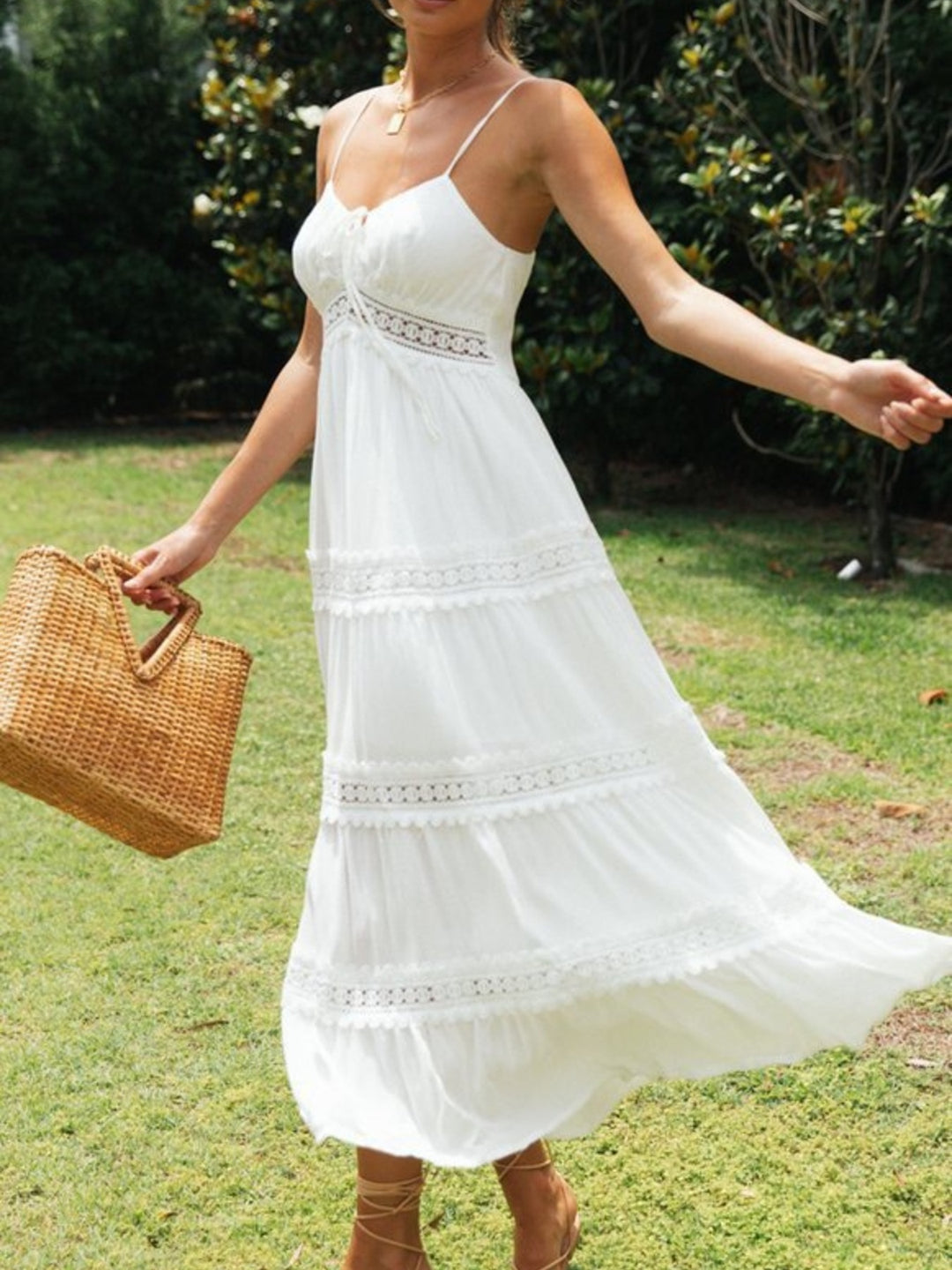 Lace-trim tiered midi cami dress with tie front