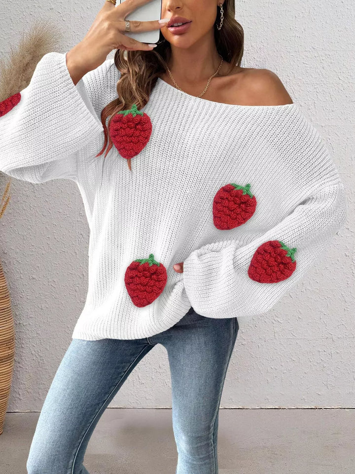 White Strawberry applique ribbed knit oversized pullover sweater