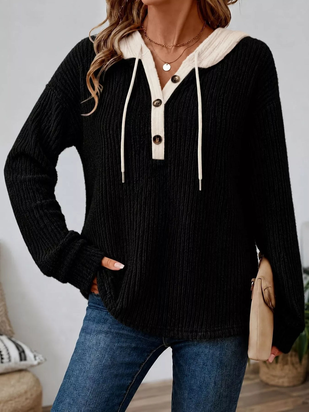 Black Ribbed knit drawstring hoodie with button henley placket