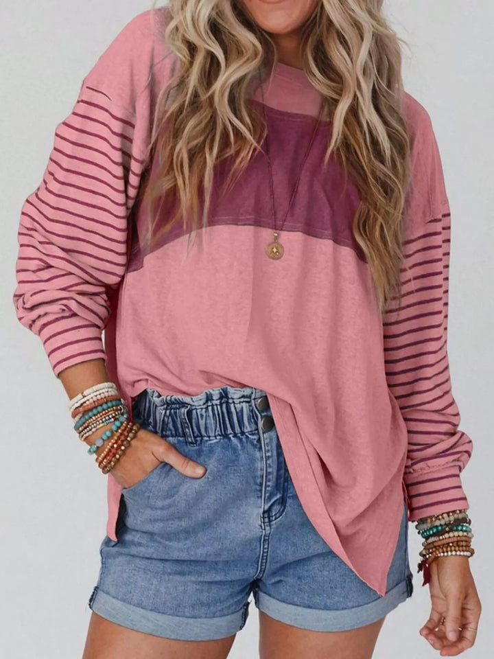 Color block striped long sleeve crew neck top