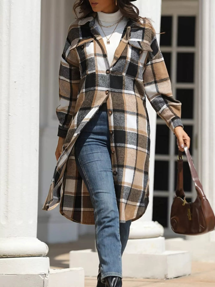 Khaki Longline plaid button-up coat with chest pockets