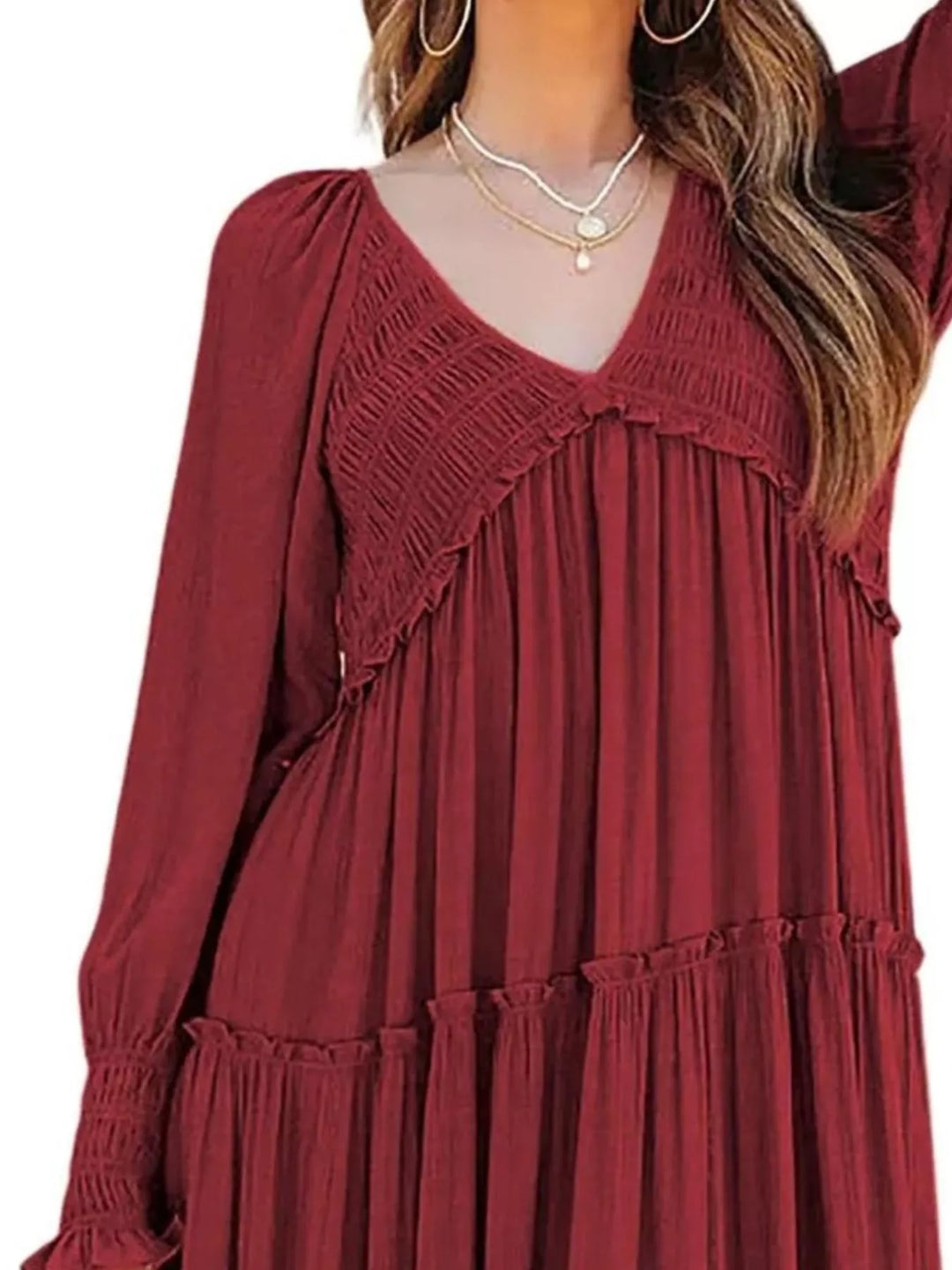 Smocked v-neck tiered maxi dress with long sleeves