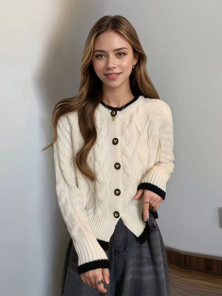 Cable knit button-up cardigan with contrast trim