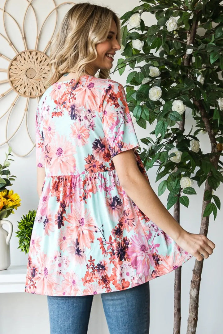 Floral V-neck short sleeve babydoll tunic top