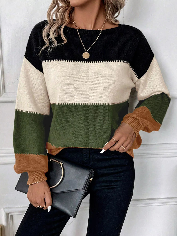 Color block round neck knit pullover sweater