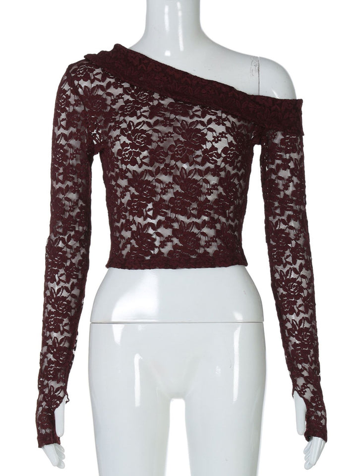 One-shoulder floral lace long sleeve crop top