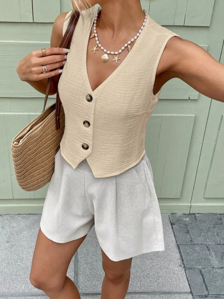 Textured cotton gauze button-front cropped vest