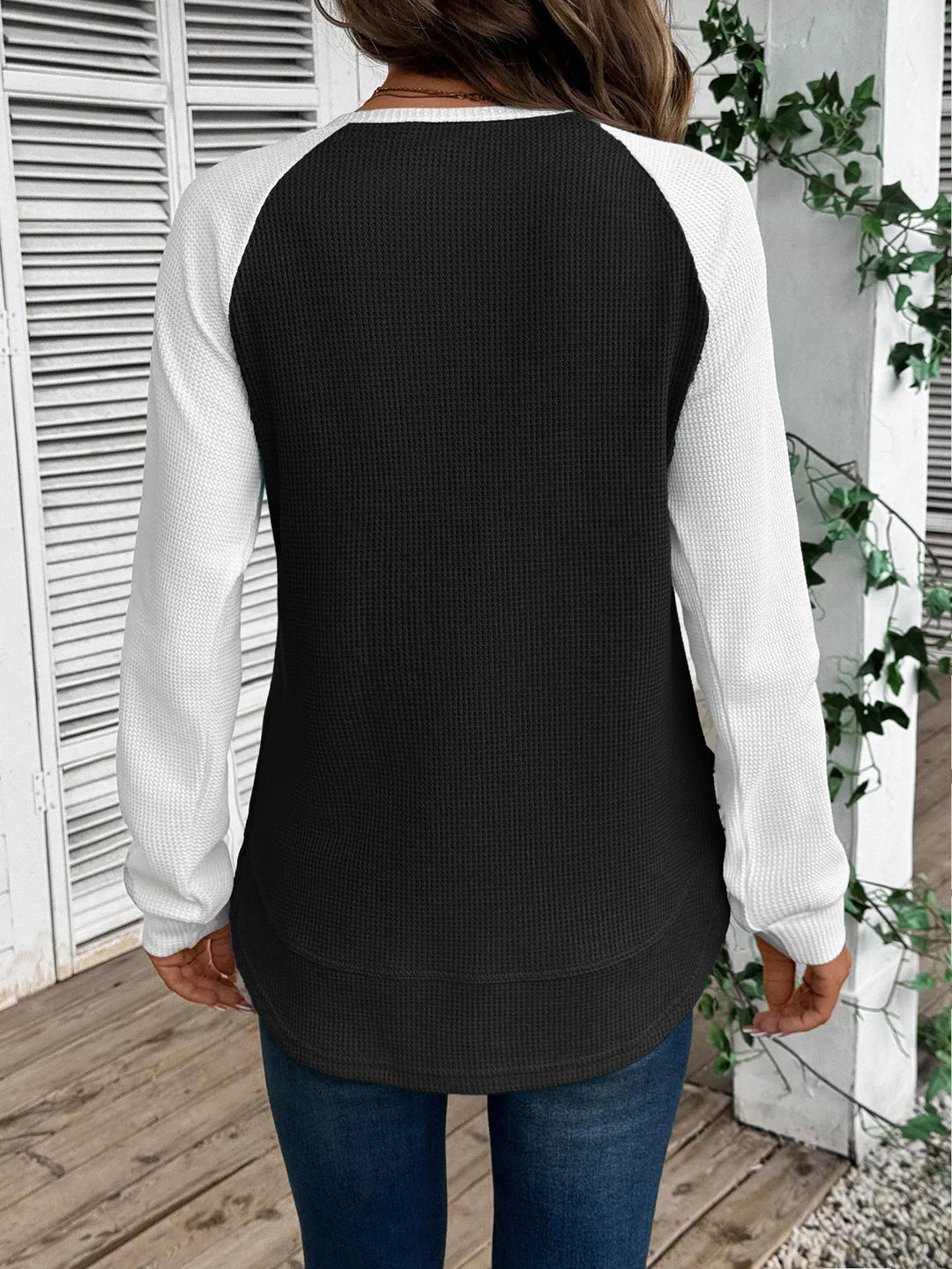Contrast raglan waffle knit long sleeve top