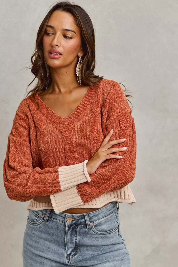 Chenille cable knit v-neck cropped sweater with contrast trim