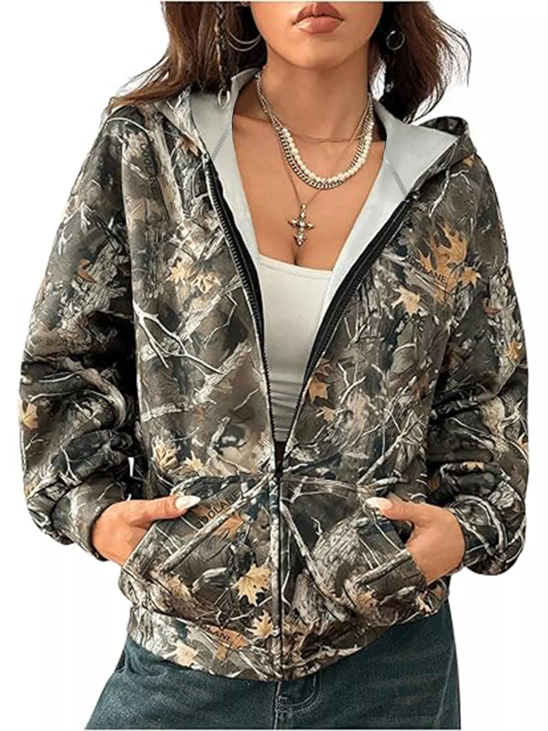 Forest camo print zip-up hoodie with side pockets