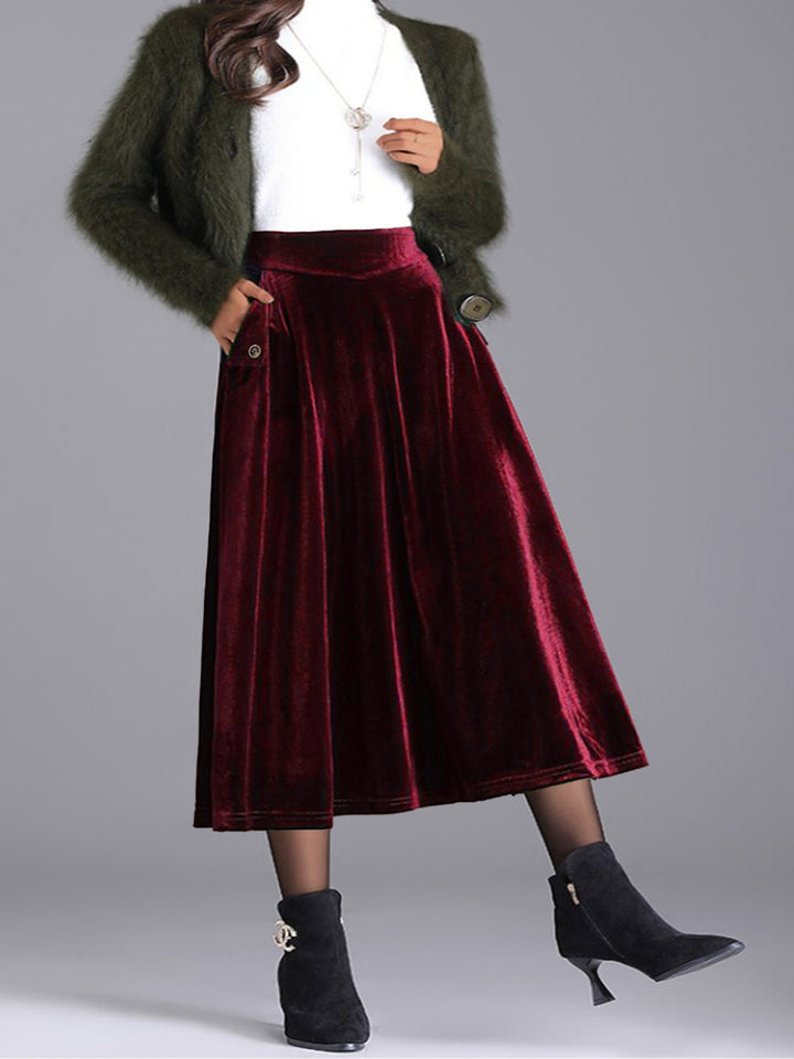Burgundy Plus size velvet A-line midi skirt with side pocket