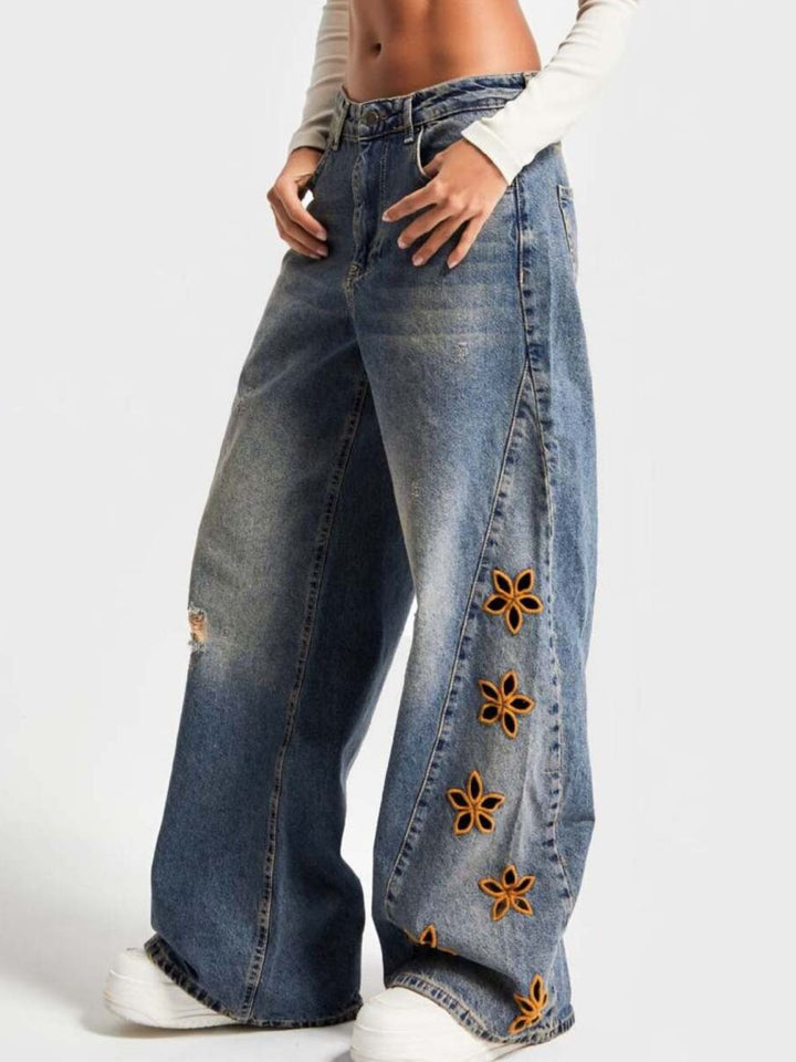 Distressed wide leg jeans with floral embroidery