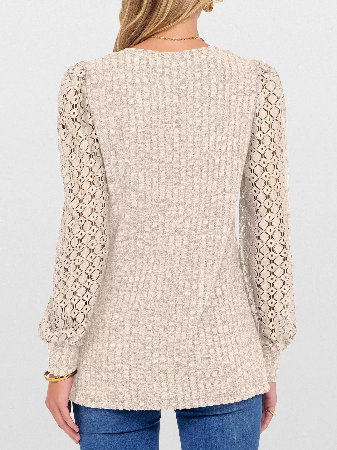 Sheer lace sleeve ribbed knit V-neck top