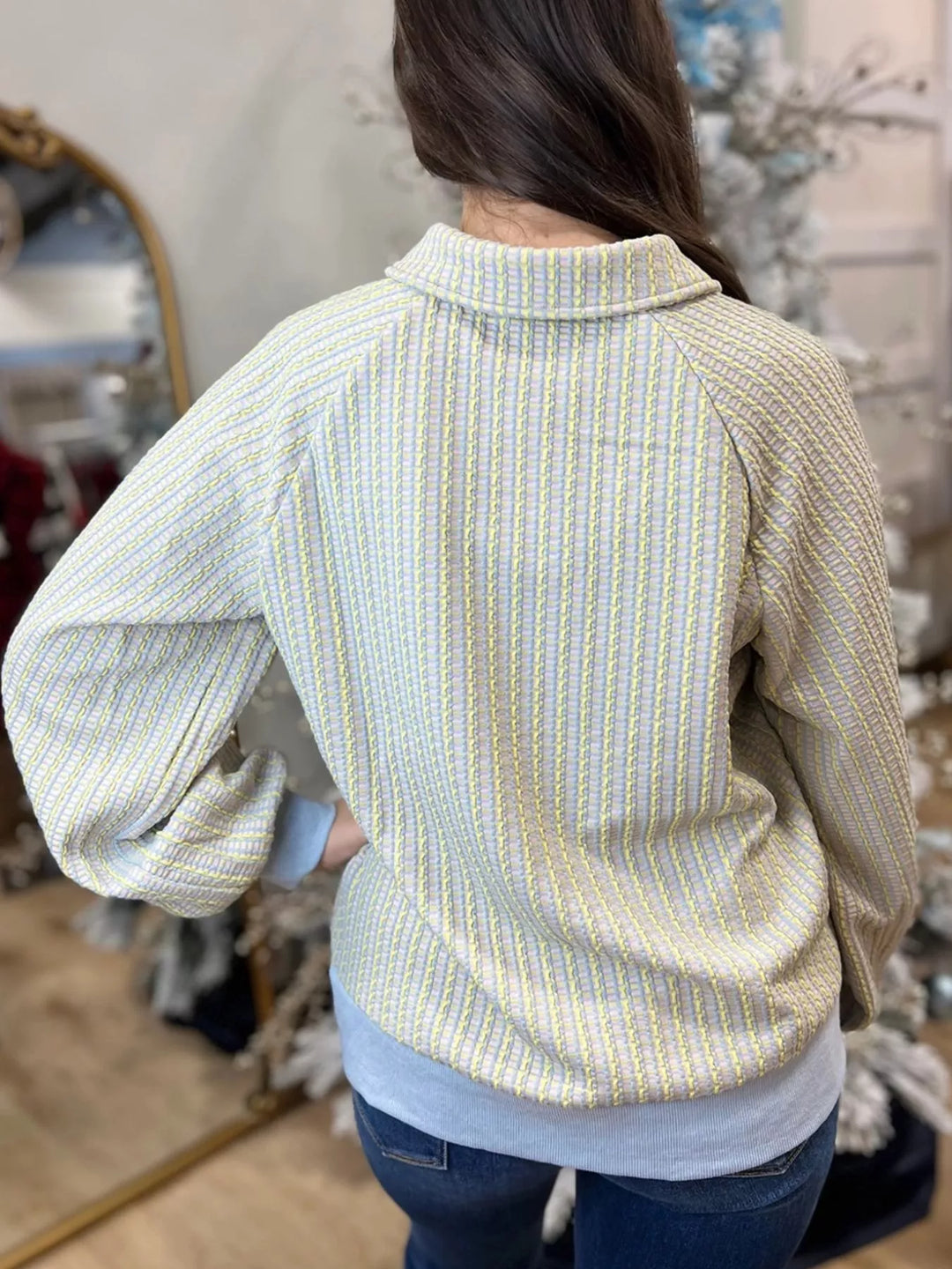Half-snap collared ribbed knit sweatshirt