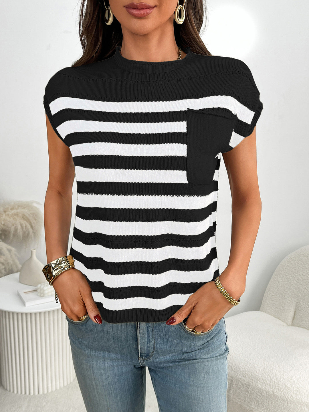 Striped knit cap sleeve top with patch pocket