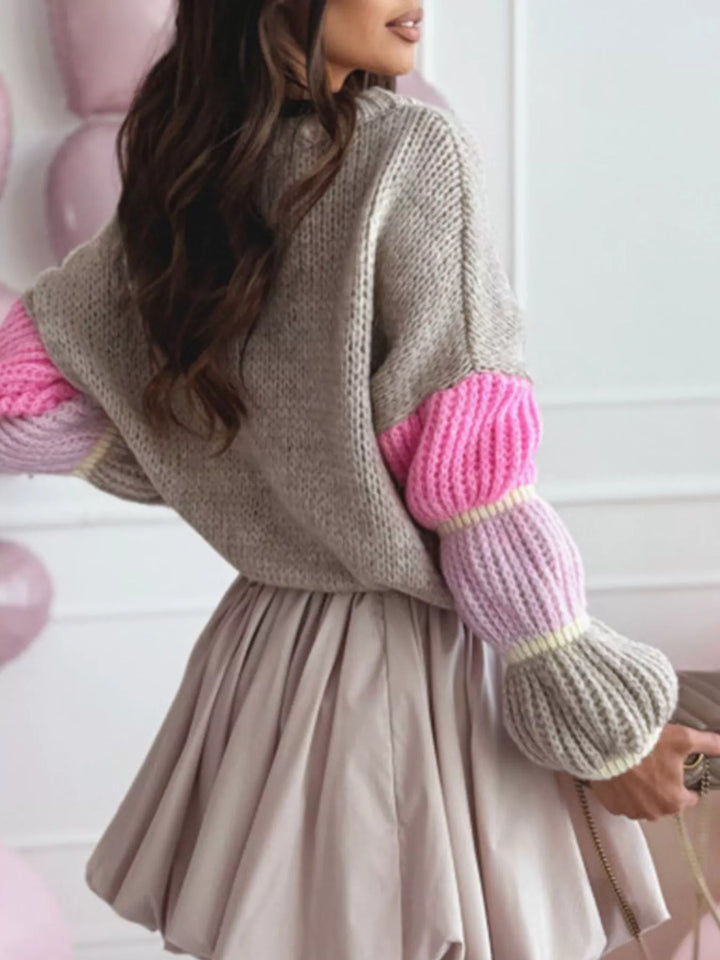 Color-block open-knit crew neck pullover sweater