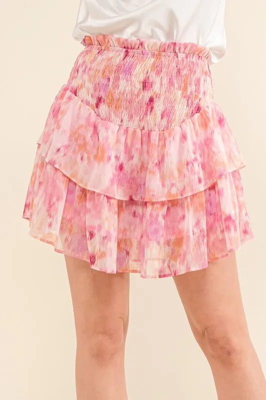 Lurex print tiered smocked waist mini skort